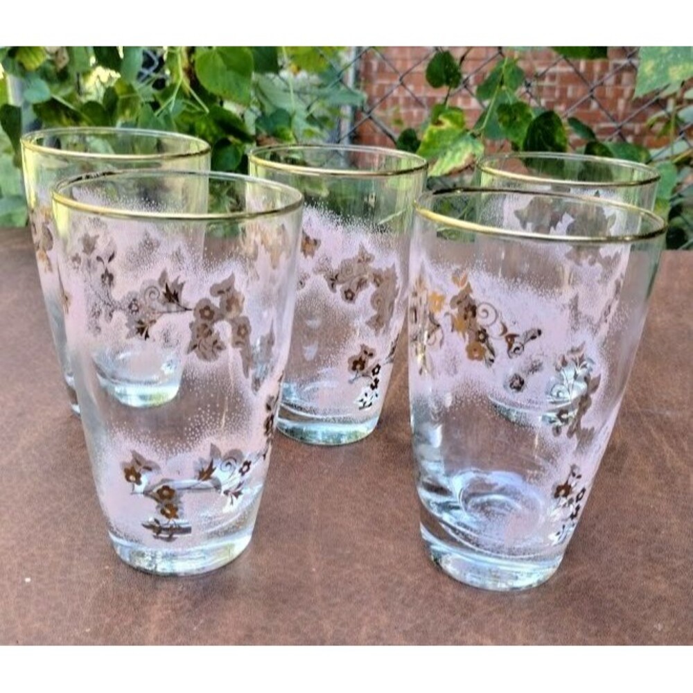 Set of 5 Vintage Libbey Duchess Drinking Glasses 5 1/4" Pink Gold Floral 1950's